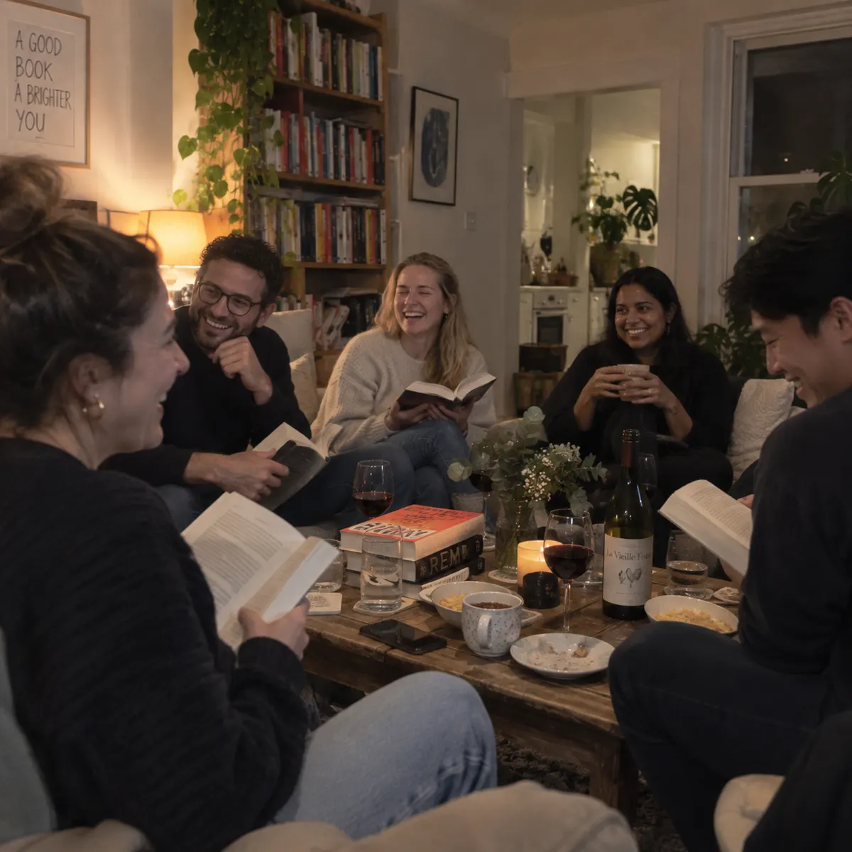 A book club laughing together in a front room