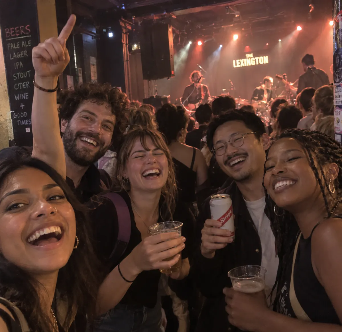 Friends taking a photograph together at a gig