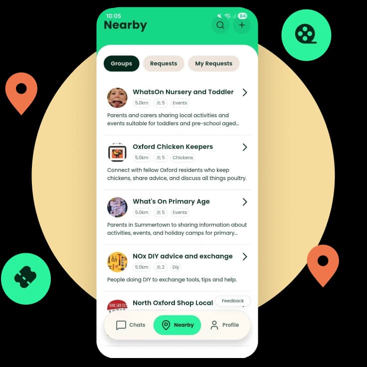 Nearby communities screen in the Neya app