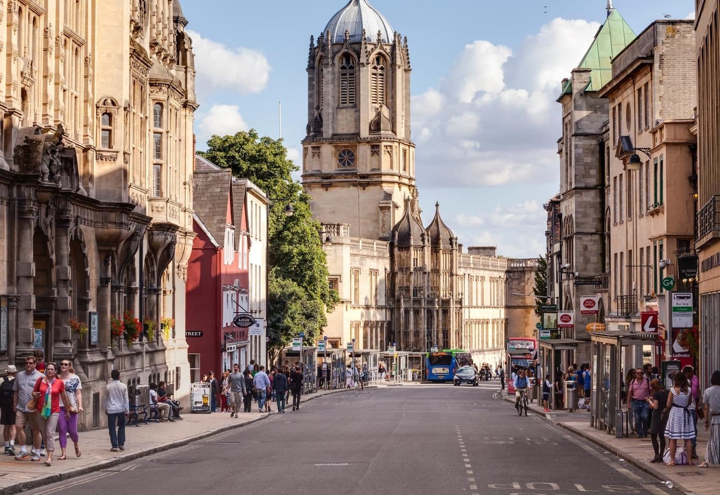 A busy, sunny high street food market