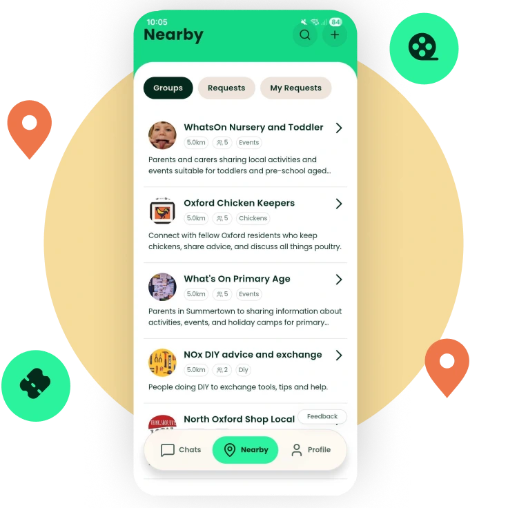 Nearby communities screen in the Neya app