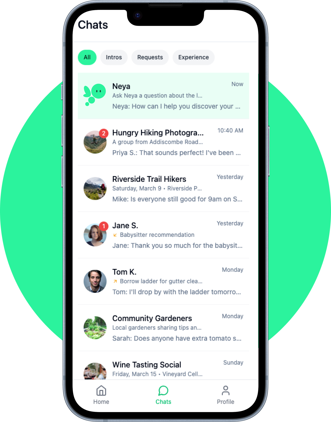 Neya app showing organized group chats and conversations