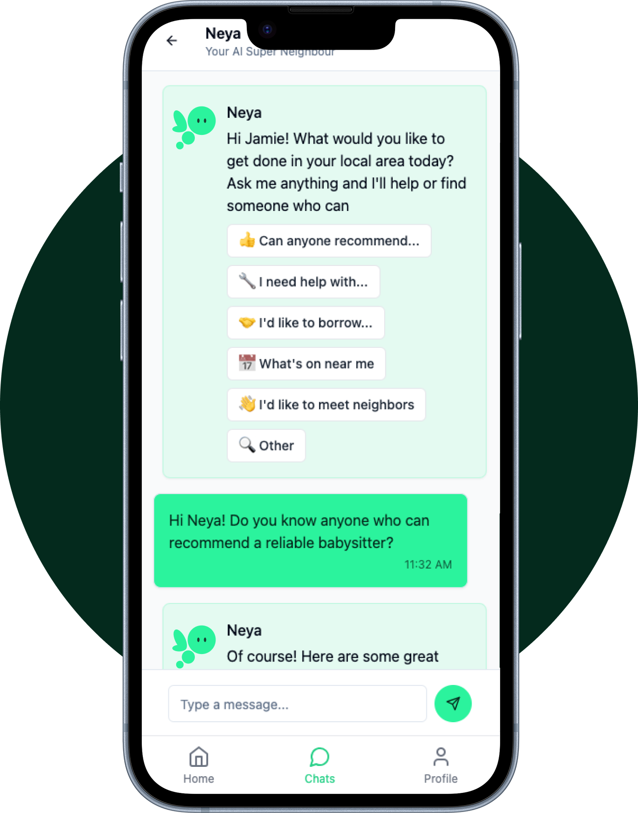 Neya app interface showing quick actions and recommendations